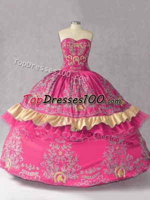 Cute Hot Pink Ball Gowns Sweetheart Sleeveless Satin and Organza Lace Up Embroidery Sweet 16 Dress
