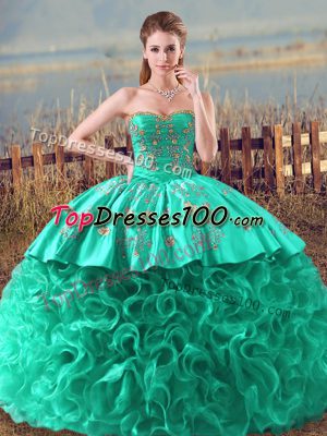 Excellent Brush Train Ball Gowns Sweet 16 Dress Turquoise Sweetheart Fabric With Rolling Flowers Sleeveless Lace Up