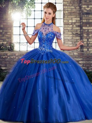 Royal Blue Tulle Lace Up Halter Top Sleeveless 15th Birthday Dress Brush Train Beading
