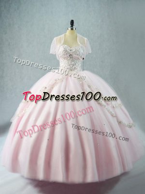Perfect Pink Ball Gowns Beading Ball Gown Prom Dress Lace Up Tulle Sleeveless Floor Length