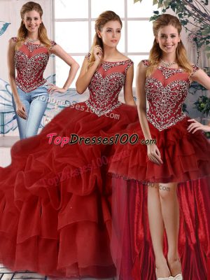 Shining Scoop Sleeveless Sweet 16 Dresses Brush Train Beading and Pick Ups Wine Red Organza