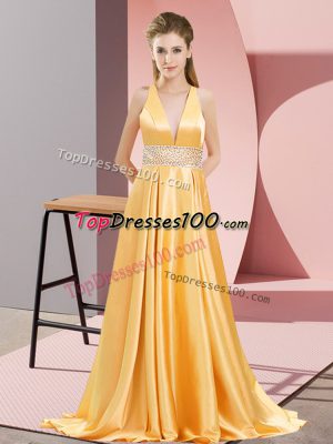 V-neck Sleeveless Evening Dress Brush Train Beading Gold Elastic Woven Satin