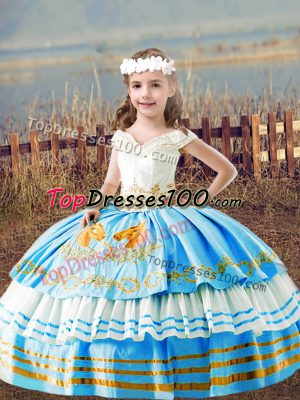 Excellent Floor Length Ball Gowns Sleeveless Baby Blue Little Girl Pageant Dress Lace Up