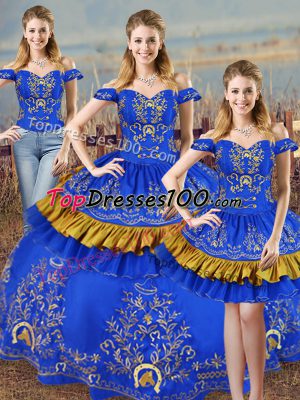 Pretty Blue Ball Gowns Satin Off The Shoulder Sleeveless Embroidery Lace Up Sweet 16 Dress