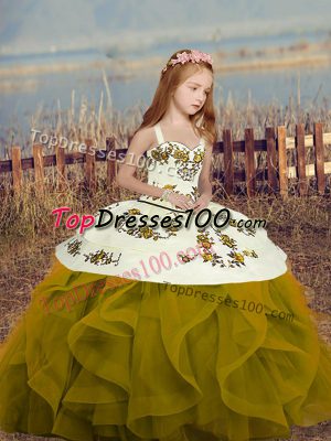 Straps Sleeveless Pageant Gowns Floor Length Embroidery and Ruffles Olive Green