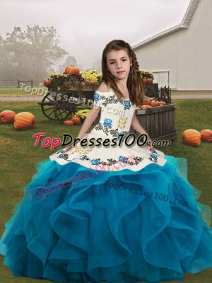 Straps Sleeveless Organza Girls Pageant Dresses Embroidery and Ruffles Lace Up