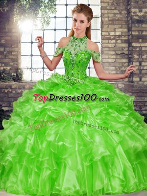 Exceptional Green Halter Top Lace Up Beading and Ruffles 15th Birthday Dress Sleeveless