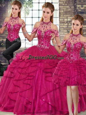 Dramatic Fuchsia Three Pieces Halter Top Sleeveless Tulle Floor Length Lace Up Beading and Ruffles Quinceanera Gown