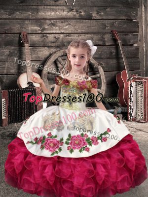 Best Coral Red Off The Shoulder Lace Up Beading and Embroidery and Ruffles Pageant Gowns For Girls Sleeveless