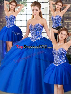 Royal Blue Tulle Lace Up Sweet 16 Dresses Sleeveless Brush Train Beading and Pick Ups