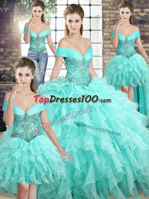 Exquisite Aqua Blue Ball Gowns Off The Shoulder Sleeveless Organza Brush Train Lace Up Beading and Ruffles Ball Gown Prom Dress