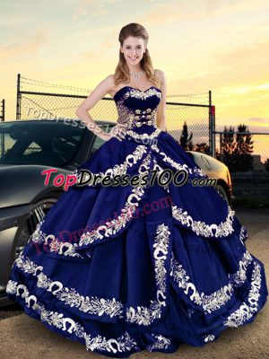 Sweetheart Sleeveless Satin Sweet 16 Dresses Embroidery and Ruffled Layers Lace Up