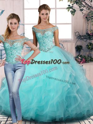 Hot Sale Aqua Blue Two Pieces Beading and Ruffles 15th Birthday Dress Lace Up Tulle Sleeveless Floor Length