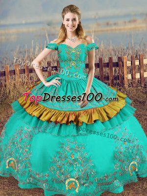 High Quality Turquoise Lace Up Off The Shoulder Embroidery Quinceanera Gowns Satin Sleeveless