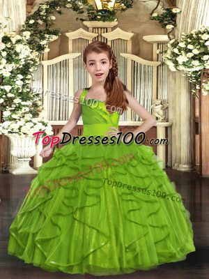 Fashion Floor Length Lace Up Child Pageant Dress Olive Green for Party and Wedding Party with Ruffles