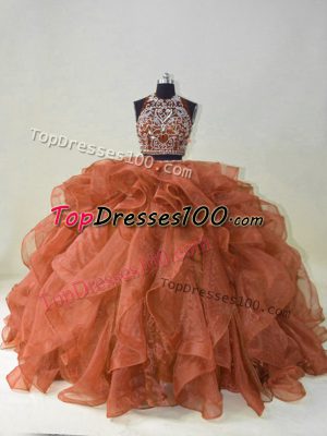 Designer Brown 15 Quinceanera Dress Halter Top Sleeveless Brush Train Backless