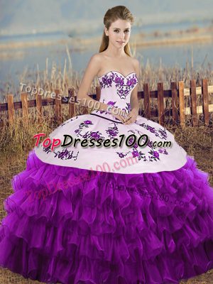 White And Purple Lace Up Sweetheart Embroidery and Ruffled Layers and Bowknot Quinceanera Dress Organza Sleeveless
