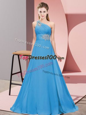 Blue Sleeveless Beading Floor Length