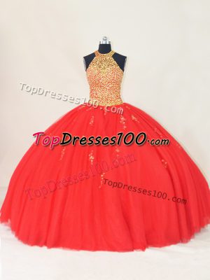 Beading and Appliques Ball Gown Prom Dress Red Lace Up Sleeveless Floor Length