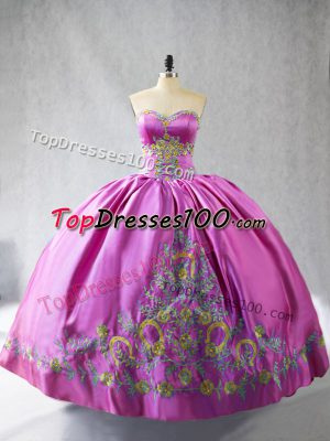 Fabulous Rose Pink Lace Up Sweetheart Embroidery Quinceanera Gown Satin Sleeveless