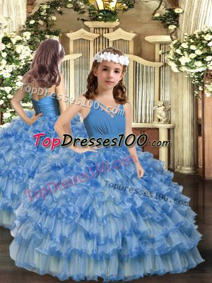 Blue Ball Gowns V-neck Sleeveless Organza Floor Length Zipper Ruffled Layers Pageant Dresses