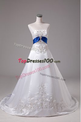 Fantastic White Sleeveless Satin Brush Train Lace Up Wedding Dresses for Wedding Party