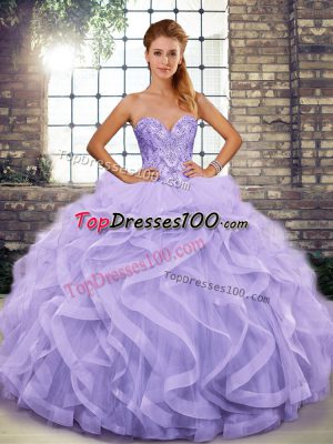 Lavender Ball Gowns Tulle Sweetheart Sleeveless Beading and Ruffles Floor Length Lace Up Quinceanera Gowns