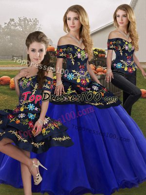 Royal Blue Lace Up 15 Quinceanera Dress Embroidery Sleeveless Floor Length