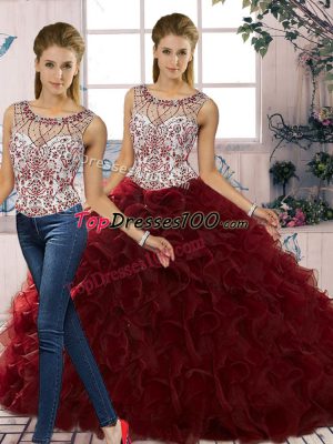 Organza Scoop Sleeveless Lace Up Beading and Ruffles 15th Birthday Dress in Burgundy