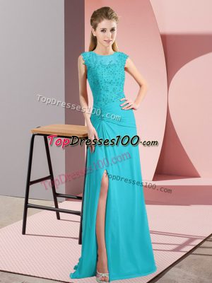 Cute Aqua Blue Column/Sheath Beading Custom Made Zipper Chiffon Sleeveless Floor Length