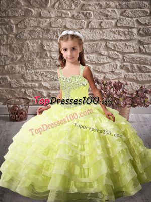 Perfect Yellow Green Pageant Dress for Teens Party and Sweet 16 and Wedding Party with Beading and Ruffled Layers Straps Sleeveless Brush Train Lace Up