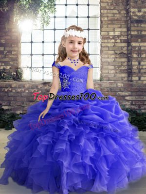 Pretty Blue Sleeveless Floor Length Beading and Ruffles Lace Up Little Girls Pageant Dress Wholesale