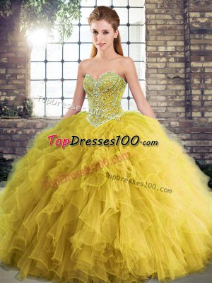 Floor Length Gold 15th Birthday Dress Sweetheart Sleeveless Lace Up