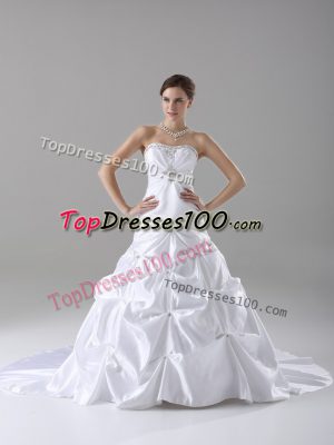 White Sleeveless Brush Train Beading and Pick Ups Bridal Gown