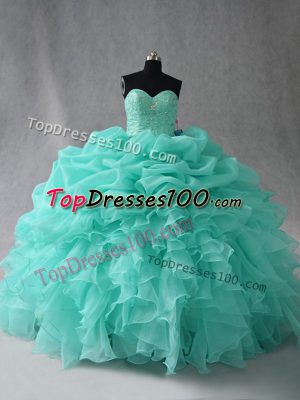 Sweetheart Sleeveless Ball Gown Prom Dress Floor Length Beading and Ruffles and Pick Ups Aqua Blue Organza