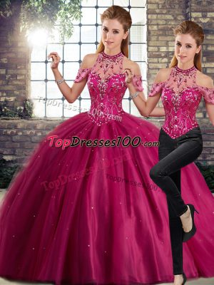 Decent Fuchsia Halter Top Lace Up Beading Ball Gown Prom Dress Brush Train Sleeveless