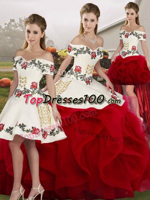 Off The Shoulder Sleeveless 15 Quinceanera Dress Floor Length Embroidery and Ruffles White And Red Tulle