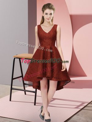 Rust Red V-neck Zipper Lace Vestidos de Damas Sleeveless