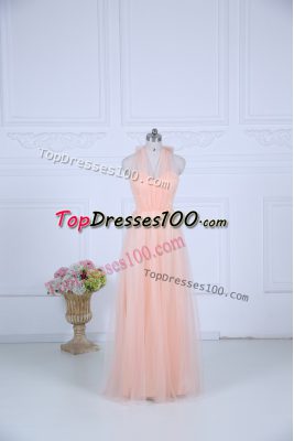 Peach Zipper Bridesmaid Dresses Ruching Sleeveless Floor Length