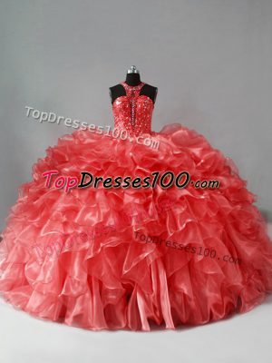 New Style Zipper Quinceanera Gown Coral Red for Sweet 16 and Quinceanera with Beading and Ruffles Brush Train