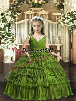 Excellent Olive Green Backless V-neck Beading and Ruffled Layers Girls Pageant Dresses Sleeveless
