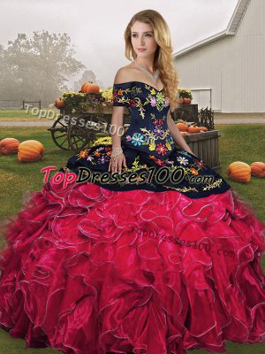 Red And Black Ball Gowns Organza Off The Shoulder Sleeveless Embroidery and Ruffles Floor Length Lace Up 15th Birthday Dress