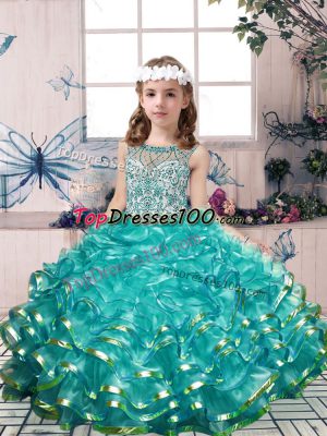 Teal Ball Gowns Organza Scoop Sleeveless Beading and Ruffles Floor Length Lace Up Little Girls Pageant Gowns