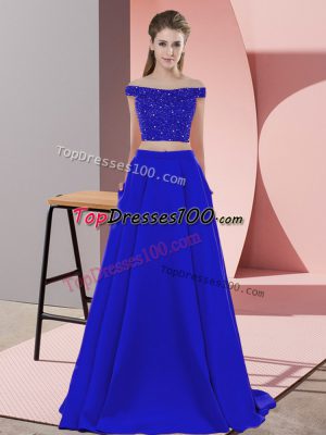 Sleeveless Elastic Woven Satin Sweep Train Backless Homecoming Dress in Blue with Beading
