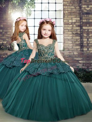 Custom Designed Sleeveless Tulle Floor Length Side Zipper Pageant Gowns For Girls in Teal with Beading and Appliques