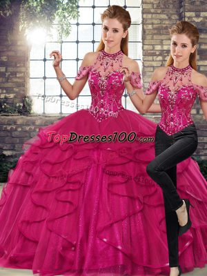 Sleeveless Floor Length Beading and Ruffles Lace Up Ball Gown Prom Dress with Fuchsia