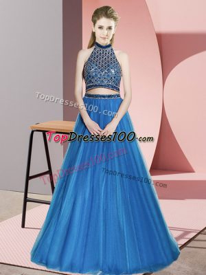 Most Popular Blue Two Pieces Halter Top Sleeveless Tulle Backless Beading Prom Evening Gown