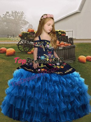 Straps Sleeveless Organza Kids Pageant Dress Embroidery and Ruffled Layers Lace Up