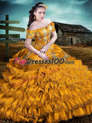 Flirting Brown Off The Shoulder Lace Up Embroidery and Ruffles Sweet 16 Dresses Sleeveless