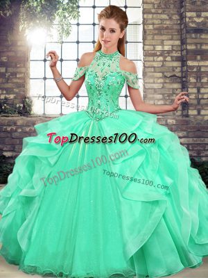 Colorful Apple Green Halter Top Lace Up Beading and Ruffles Quinceanera Dresses Sleeveless